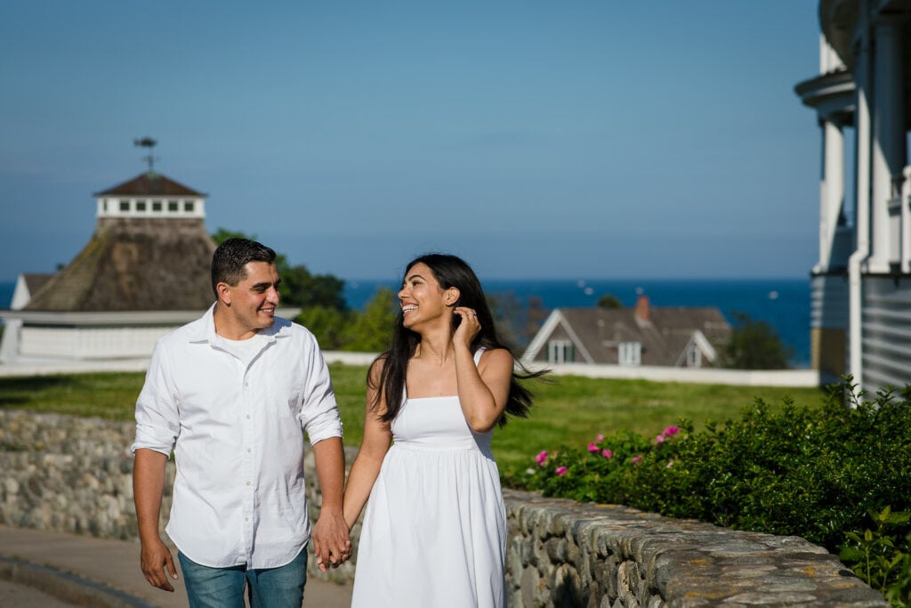 A couple in white at their Watch Hill Rhode Island engagement photo session