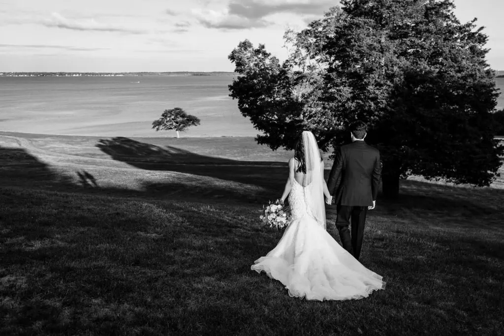 A bride and groom walk down a grassy hill towards the ocean