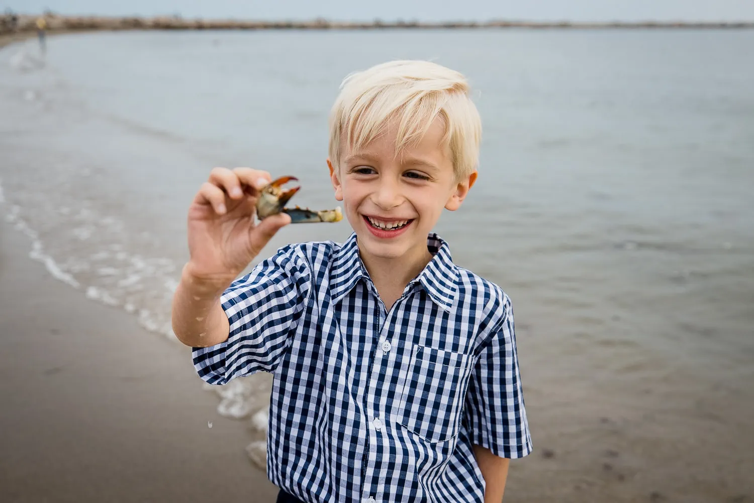 A little blonde boy in gingham shirt holds up a crab claw at the beach