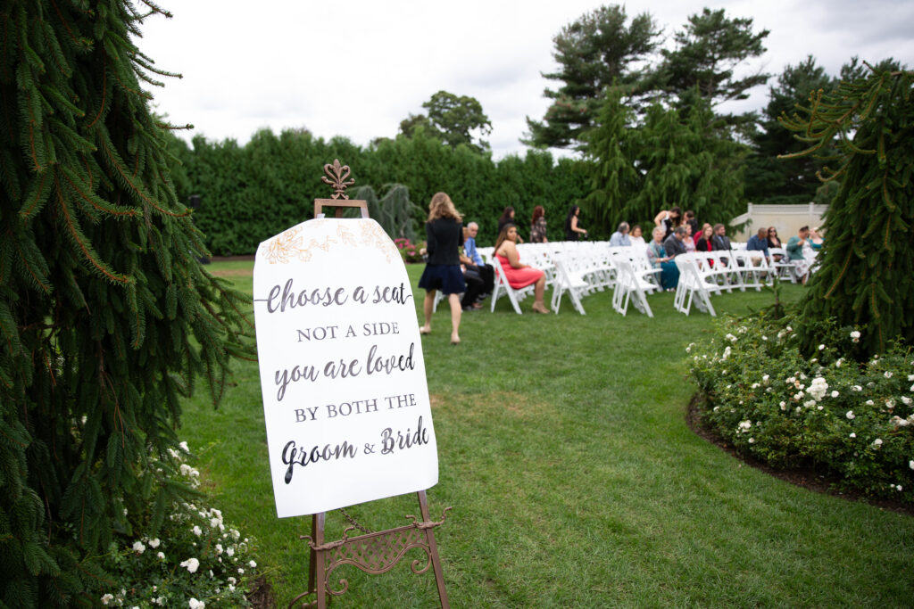 A wedding ceremony setup in a garden